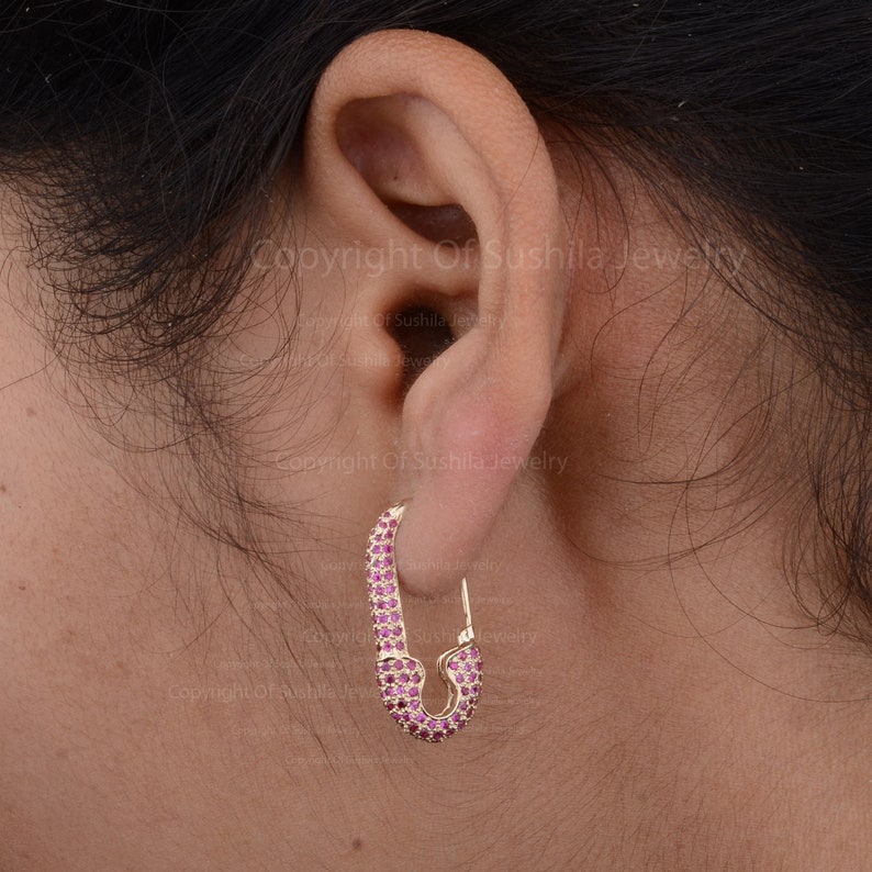 In Stock Safety Pin Dangle Earrings, Solid 14K Yellow Gold Natural