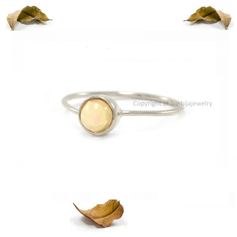 14k Solid Yellow Gold Natural Round Opal Gemstone Engagement Band Stackable Ring Handmade Minimalist Jewelry