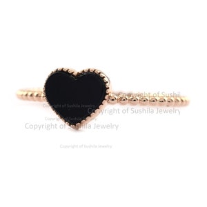 Women Genuine Black Onyx Heart Design Ring in 14K Solid Yellow Gold Stackable Band Ring Handmade Minimalist Jewelry Girls Love Gifts