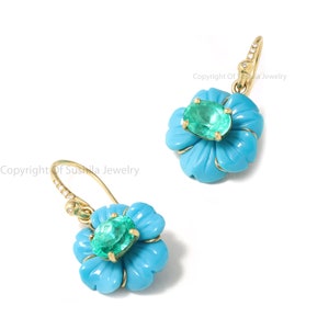 Genuine Emerald & Turquoise Gemstone Flower Design Dangle Drop Earrings 14K Yellow Gold Diamond Jewelry Ear Wire Earrings Certified