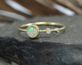 Genuine Fire Opal Gemstone Diamond Stackable Band Ring in Solid 14K Yellow Gold jewelry gift 3 to 9 All Size We Have