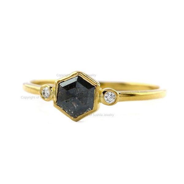 Hexagon Diamond Ring • Three Stone Diamond Ring • Gray Diamond Ring • 14K Gold Salt and Pepper Diamond Ring • Bezel Setting Ring