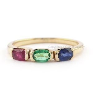 Three Stone Ring Genuine Emerald Ruby Half Bezel Stackable Ring Solid 14K Yellow Gold Blue Sapphire Engagement Ring Gift For Her