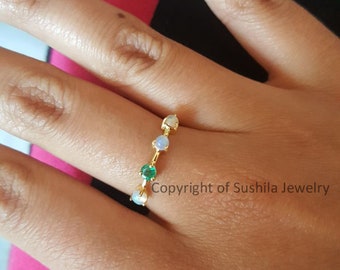 Genuine Emerald And Opal Gemstones Wedding Band Ring In 14K Yellow Gold Handmade Minimalist Jewelry Gift