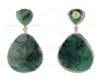 Handmade Art Deco Emerald and Diamond 18K Yellow Gold Dangle Earrings
