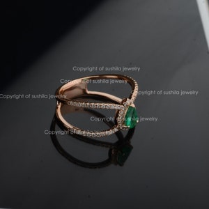 Pear Shape Natural 0.57 Ct. Zambia Emerald Gemstone Double Band Ring Solid 14K Rose Gold Genuine SI Pave Diamond Ring Handmade Fine Jewelry image 2