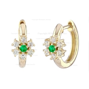 Genuine Emerald and Diamond Flower Huggie Hoop Earrings Solid 14k Yellow Gold Diamond Cluster Earrings Birthday Gift For Girls
