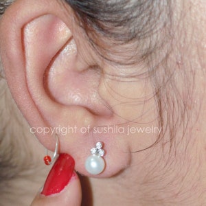Genuine Pearl & Diamond Wedding Stud Earrings in Handmade Solid 14k white Gold Earrings Jewelry Gift