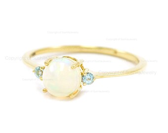 Solid 14k Yellow Gold Natural Australian Opal & Blue Topaz Gemstone Solitaire Ring Wedding Jewelry Handmade Unique Ring