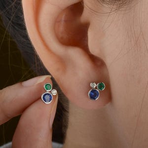 Solid 14K Yellow Gold Real SI Clarity G-H Color Diamond Blue Sapphire & Zambia Emerald Gemstone Stud Earrings / Trio Earrings / Mini Studs