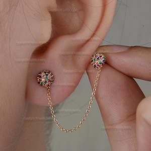 Genuine Rainbow Multi sapphire Cartilage Connector Chain Earring in 14k Solid Yellow Gold Chain Link Earrings Handmade Fine Jewelry Gift