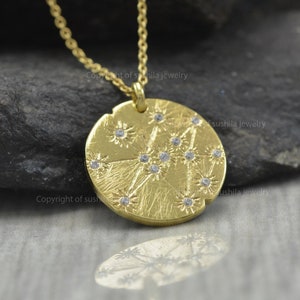 Natural SI Clarity G Color Diamond Round Disc Multiple Stars Signet Pendant Necklace Solid 14k Yellow Gold Handmade Minimalist Fine Jewelry