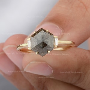 Natural Gray Rough Hexagon Salt and Pepper Diamond Ring In Solid 18K Yellow Gold Handmade Engagement Wedding Ring Holiday Gift