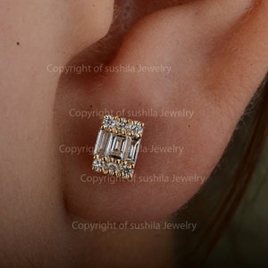 Genuine SI Clarity G-H Color Baguette Cut Diamond Earlobe  Stud Earrings Solid 14k Yellow Gold Handmade Jewelry Minimalist bijoux Gift