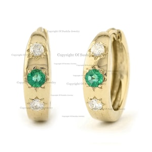 Genuine Zambia Emerald Diamond Huggie Hoop Earrings, Solid 10K/14K/18K Gold, Handmade Jewelry, Birthday Gift for her