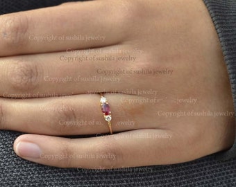 Genuine Pink Tourmaline Gemstone Wedding Band Ring in Solid 14k Yellow Gold Handmade Minimalist Jewelry