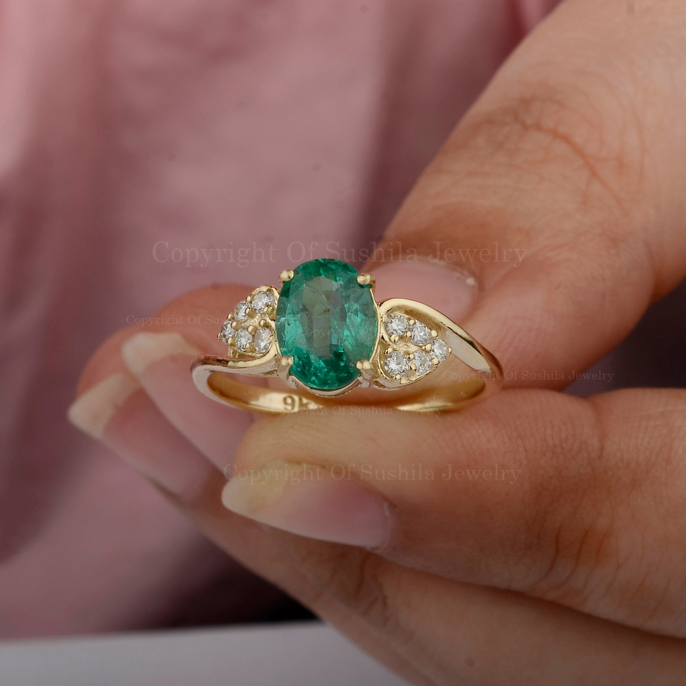 Oval Emerald Ring Stack Gold Vintage Halo Diamond Ring Curved Band | La  More Design