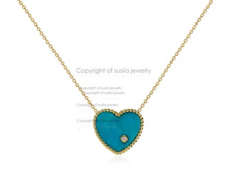 Genuine 7.00 Ct. Heart Cut Turquoise Gemstone Diamond Heart Pendant Necklace Handmade Art Deco Jewelry Fine Jewelry Gift For Christmas
