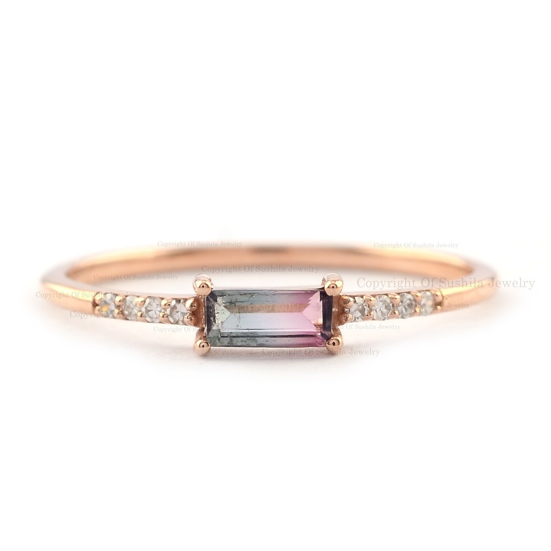 Buy Baguette Watermelon Tourmaline Diamond Ring: 14K Rose Gold Stackable  Band Online in India