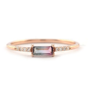 Natural Bi Color Baguette Watermelon Tourmaline Diamond Stackable Ring Solid 14K Rose Gold October Birthstone Wedding Band Ring For Women