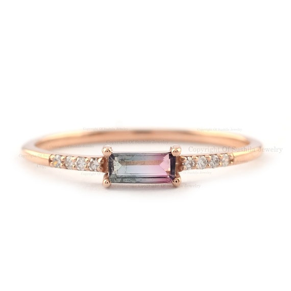 Baguette Watermelon Tourmaline Diamond Ring: 14K Rose Gold Stackable Band