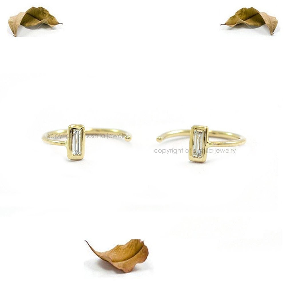 Genuine SI Clarity G-H color Baguette Diamond Huggie Hoop Cuff Earrings in 14k Solid Yellow Gold Minimalist Wedding Jewelry Gift