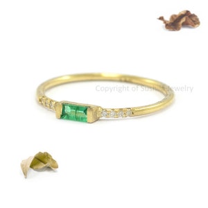 14k Solid Gold Emerald Baguette Ring: Minimalist Diamond Stacking Ring