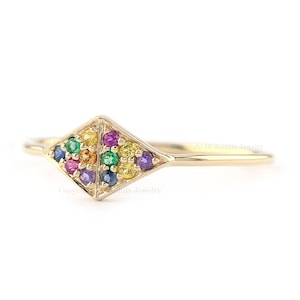 Genuine Rainbow Multi Sapphire Gemstone Pavé 14K Solid Gold Dainty Stackable Band Ring IN Solid 14k Yellow Gold Stacking Minimalist Jewelry