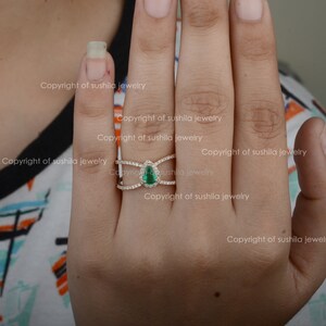 Pear Shape Natural 0.57 Ct. Zambia Emerald Gemstone Double Band Ring Solid 14K Rose Gold Genuine SI Pave Diamond Ring Handmade Fine Jewelry image 6