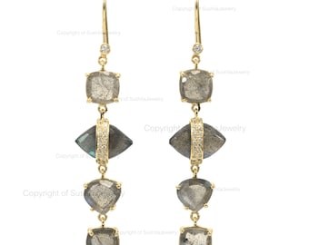 Genuine Labradorite Gemstone SI Clarity G Color Diamond Drop Dangle Hook Long Earrings Handmade Wedding Jewelry Christmas Gift Jewelry