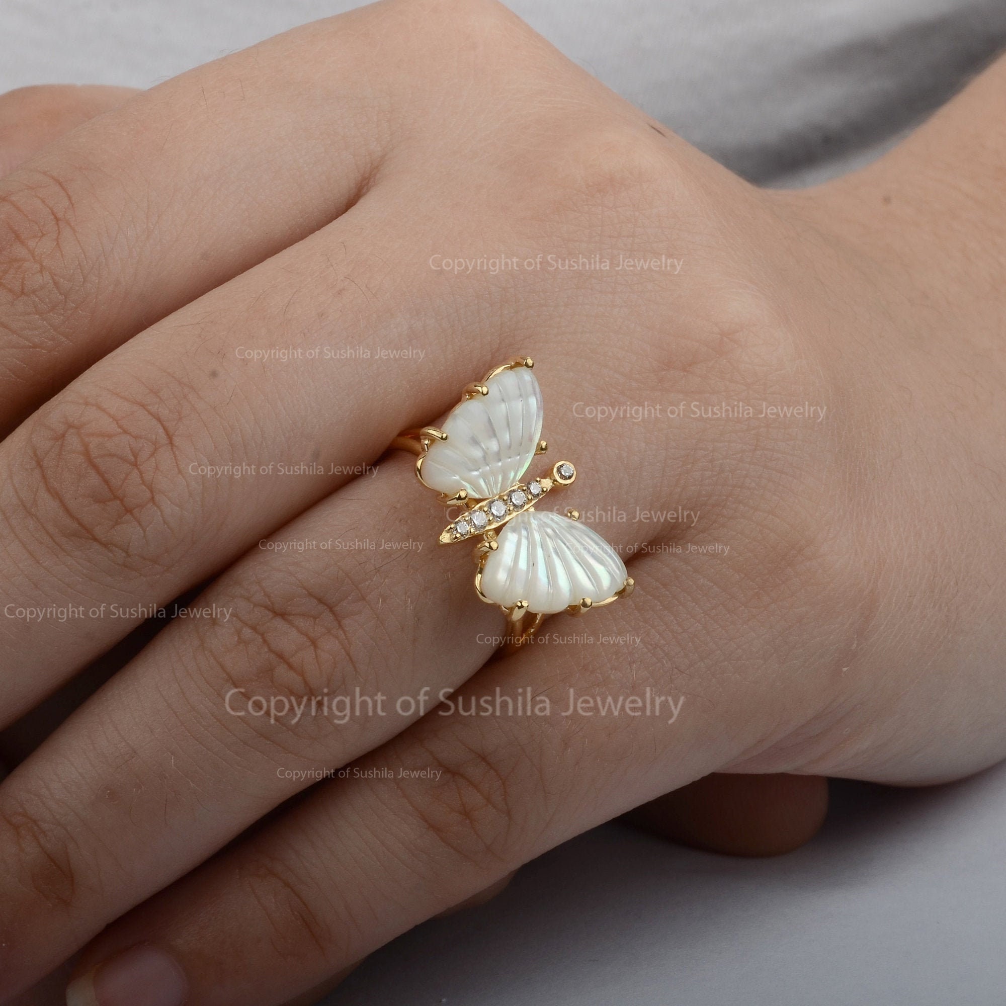 Genuine Mother of Pearl Gemstone Pave Diamond Butterfly Ring in