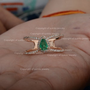 Pear Shape Natural 0.57 Ct. Zambia Emerald Gemstone Double Band Ring Solid 14K Rose Gold Genuine SI Pave Diamond Ring Handmade Fine Jewelry image 5