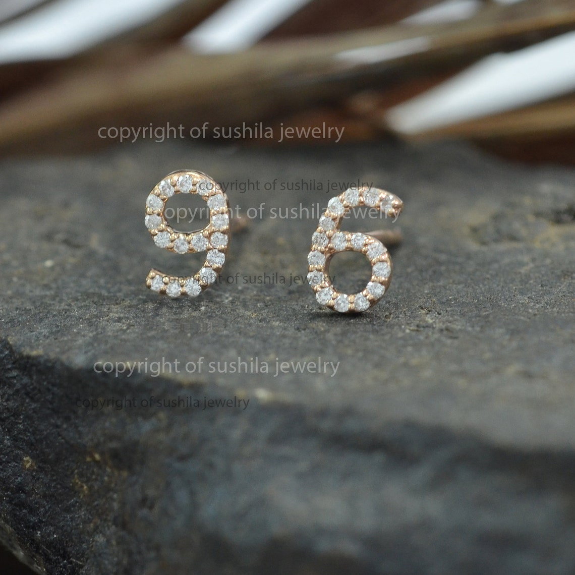 Solid 14K Gold Custom Numbers Diamond Stud Earrings Special Etsy