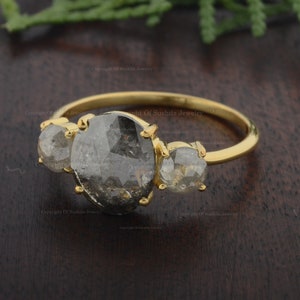Three Stone Diamond Ring, Gray Diamond Ring, Salt Pepper Diamond Ring in 14K Gold, Diamond Engagement Ring, Natural Rough Diamond Ring