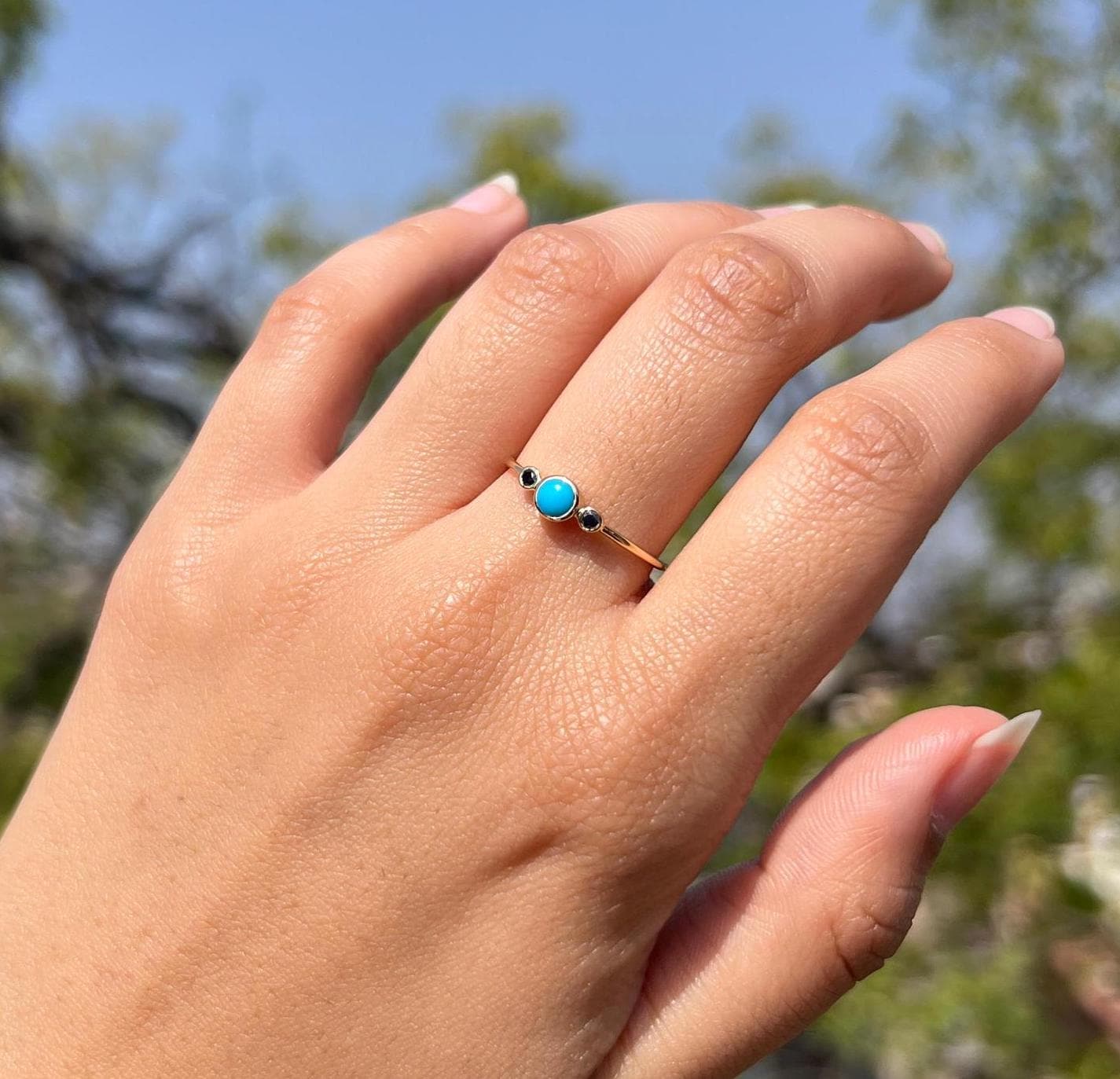 Arizona Turquoise & Black Diamond Three Stone 14K Gold Ring - Etsy