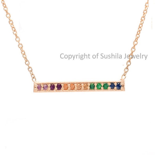 Genuine Rainbow Multi Sapphire Gemstone Bar Pendant Necklace in Solid 14k Yellow Gold Handmade Jewelry