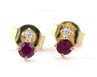 Natural 0.35 Ct. Ruby Gemstone SI Clarity G-H Color Diamond Tiny Stud Earrings 14K Solid Yellow Gold Minimalist Fine Jewelry Gift For Self