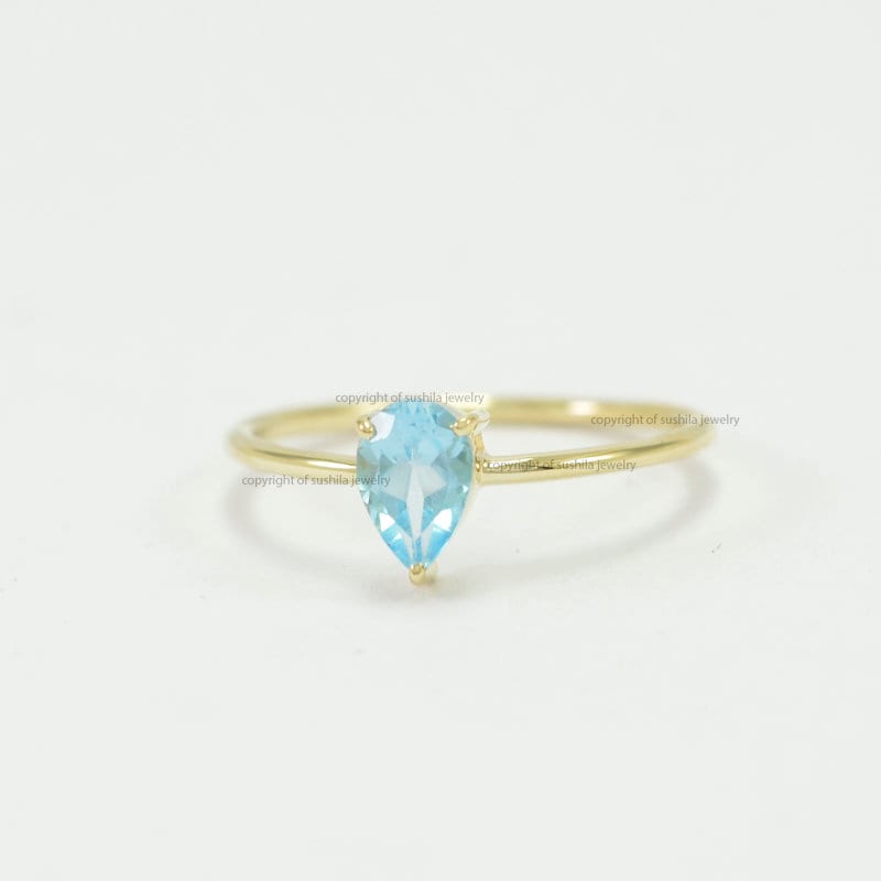 Genuine Pear Blue Topaz Gemstone Stackable Band Ring in 14k Solid Gold December Birthstone Ring Dainty Ring Handmade Fine Jewelry Giftthumbnail
