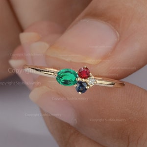 Natural Blue Sapphire Emerald Ruby Gemstone Diamond Cluster Ring in Solid 14K Yellow Gold Handmade Minimalist Birthday Gift For Her