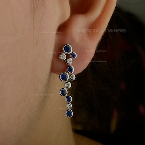 Genuine Blue Sapphire Diamond Zig Zag Earrings Solid 14K White Gold Drop Earrings Handmade Jewelry Cluster Earrings For Her