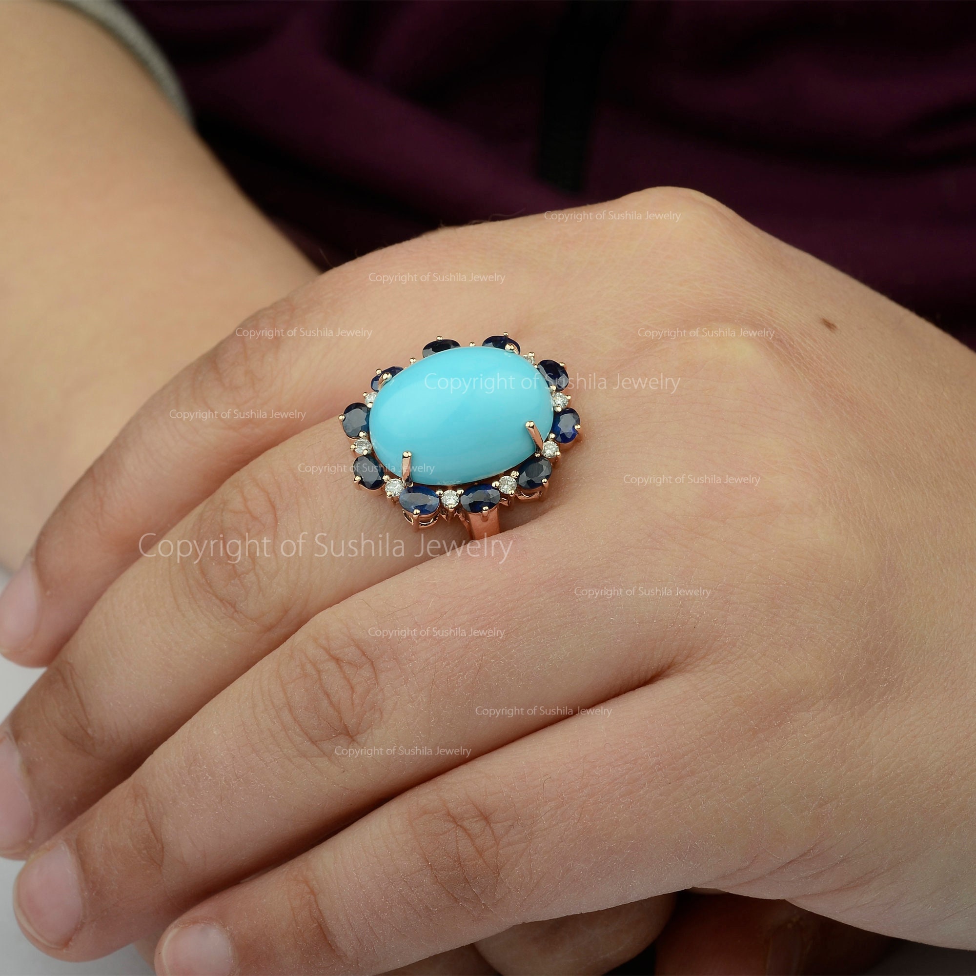 Handmade 14K Yellow Gold Arizona Turquoise, Sapphire