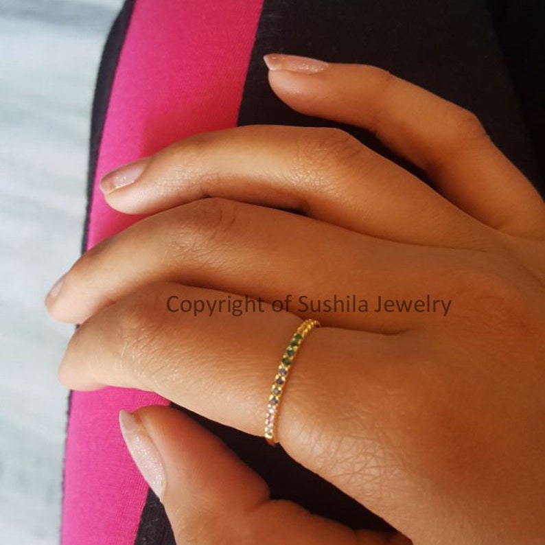 Mix Sapphire Gemstones Pave Eternity Band Ring In 14K Yellow Gold Handmade Jewelry Gift