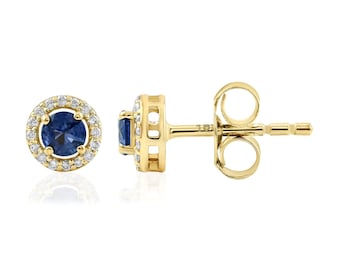 Pendientes de botón con halo de diamantes y zafiro azul: Oro de 14 quilates, piedra natal de septiembre