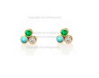 Solid 14K Yellow Gold Genuine Zambia Emerald & Arizona Turquoise Gemstone Diamond Push Back Studs Earrings Minimalist Jewelry Gifts