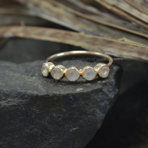 Natural Rainbow Moonstone Ring Solid 14k Yellow Gold Bezel Setting Half Eternity Wedding Band Ring Handmade Fine Promise Ring For Women