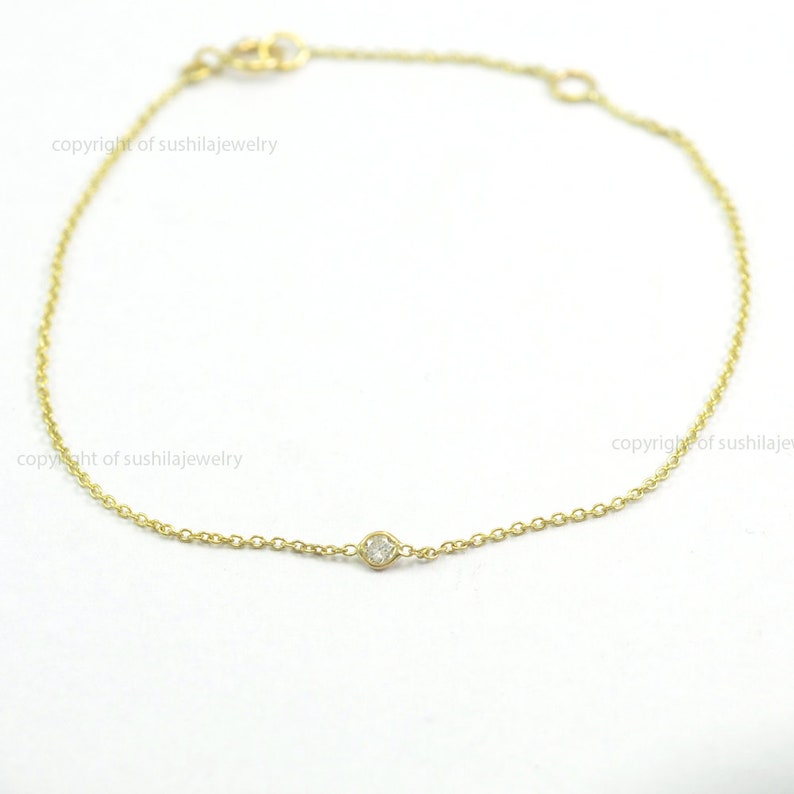Solid 14k Yellow Gold Natural solitaire Diamond Charm Bracelet Handmade Fine Jewelry