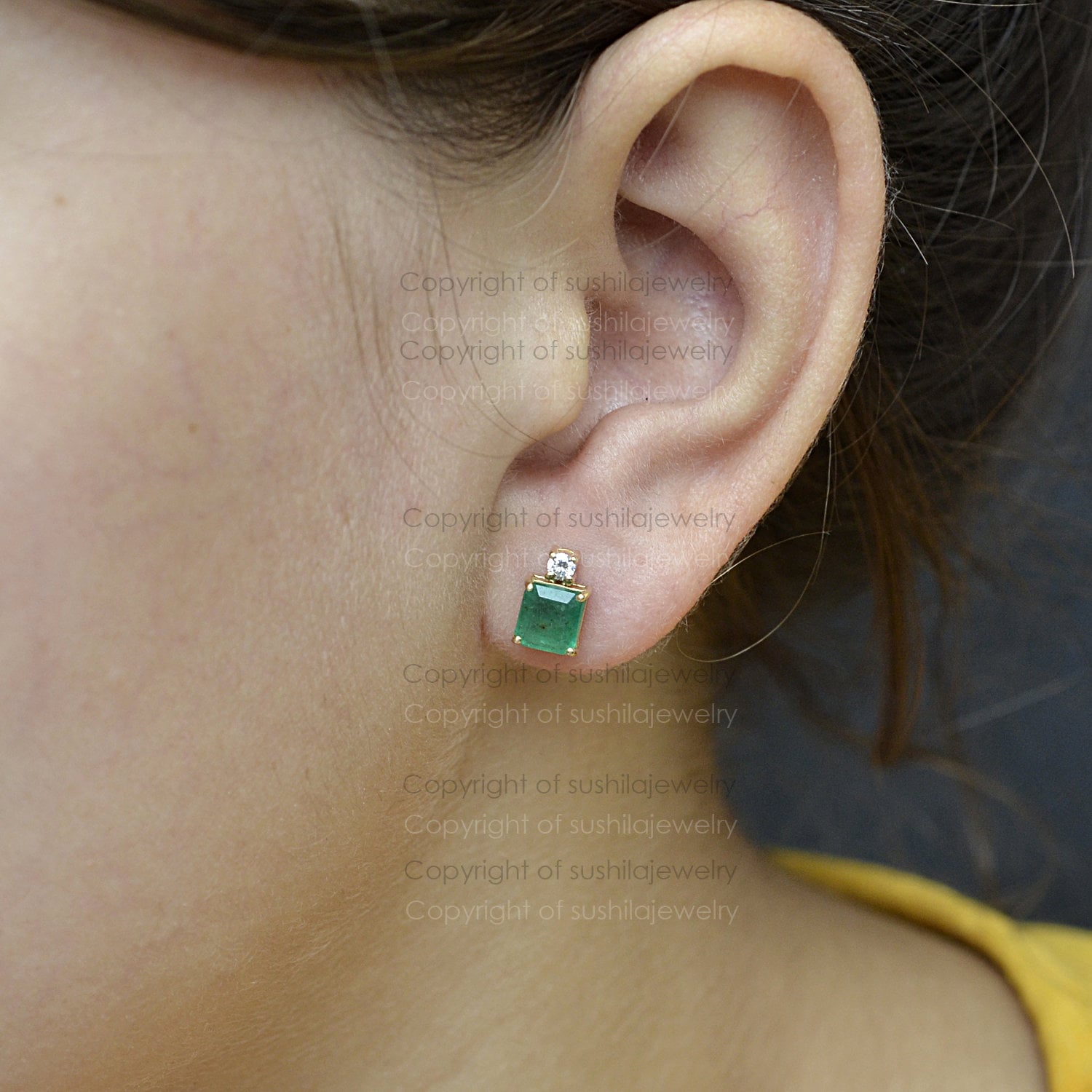 本物のザンビア産オクタゴンカットエメラルドスタッドピアス14K