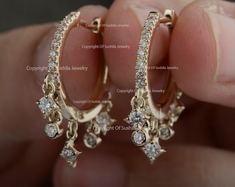 Genuine 0.43 Ct. SI Clarity G-H Color Diamond Drop Huggie Hoop Earrings Solid 14k Yellow Gold Handmade Minimalist Jewelry Best Gift for her