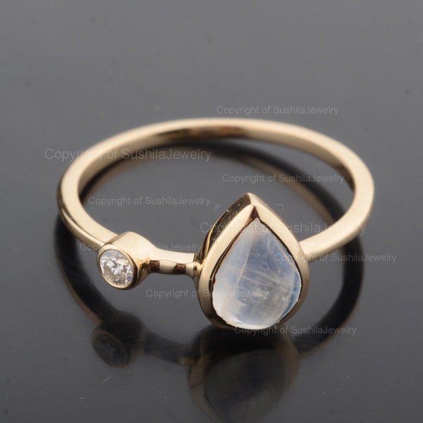 Genuine Rainbow Pear Shaped Moonstone Engagement Stackable Band Ring in Solid 14k Yellow Gold Handmade Diamond Jewelry