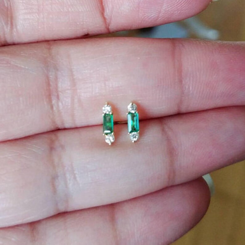 Solid 14k Yellow Gold Genuine Baguette Emerald Studs Real SI Clarity G-H color Diamond Tiny Earrings Minimalist Jewelry Christmas Gift image 2